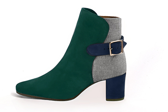 Forest green, pebble grey and navy blue women's ankle boots with buckles at the back. Square toe. Medium block heels. Profile view - Florence KOOIJMAN